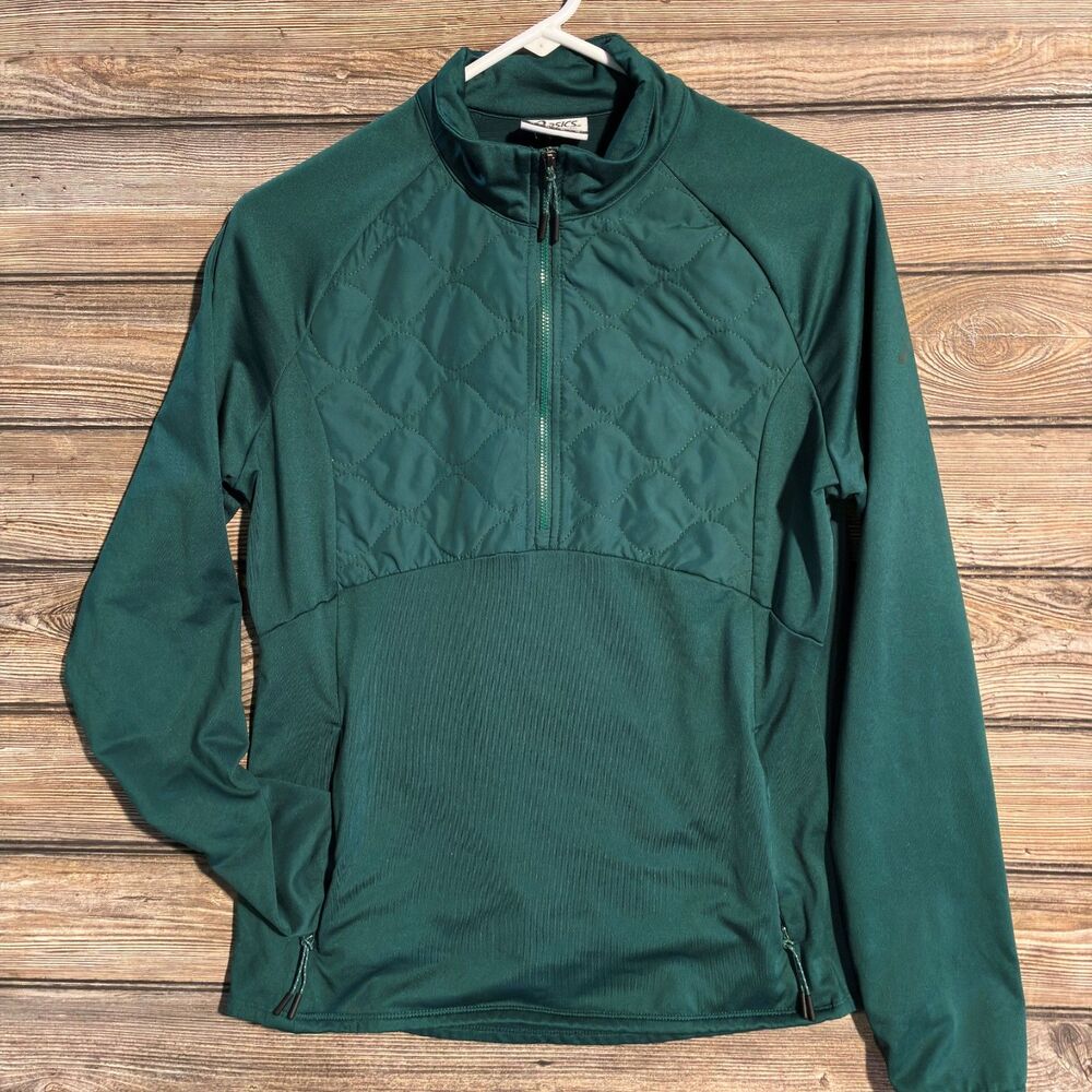 ASICS Quilted Hybrid 1/4 Zip Pullover Jacket Emerald Forest Green Medium